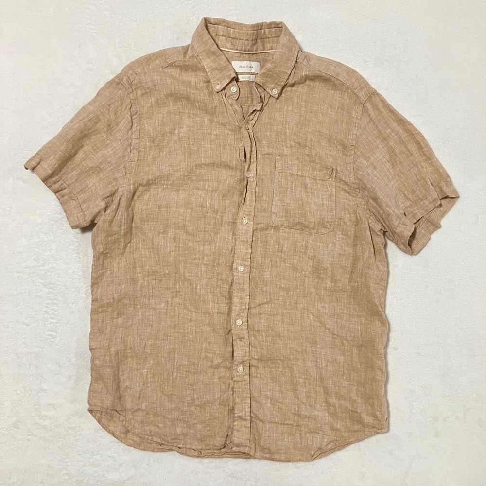 Porter & Ash 100% Linen Short Sleeve Button Down Shirt Men's Size L Tan Beige